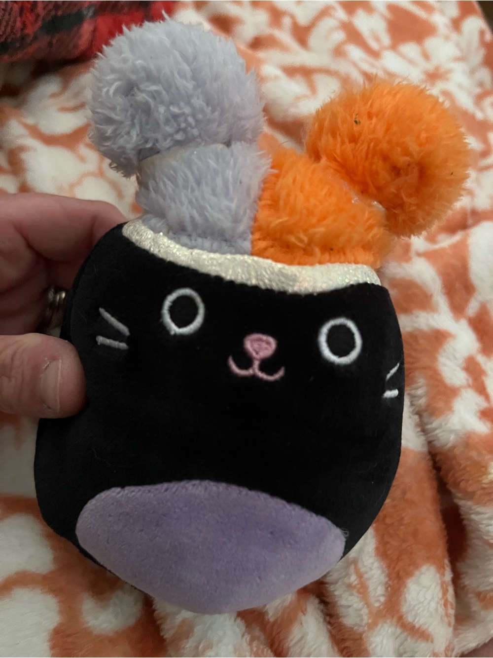 Squishmallows Black Cat Plush with Purple and Orange Pom-Poms